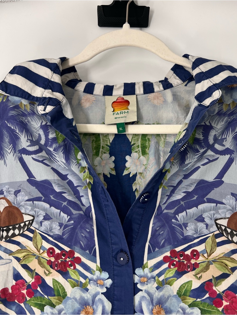 Farm Rio Blue Striped Tropical Button Front Floral Boho Resortwear Midi Dress XL - Picture 5 of 12